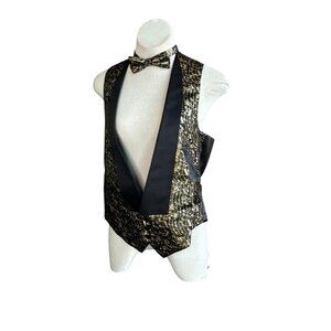Southeastern Vintage Men's Formal Black Gold Musical Vest and Bow Tie Size Large
